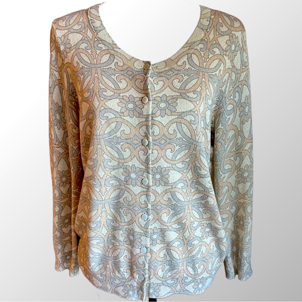 Talbots Black Label Gold/Gray Abstract Print Metallic‎ Cardigan in XL Petite